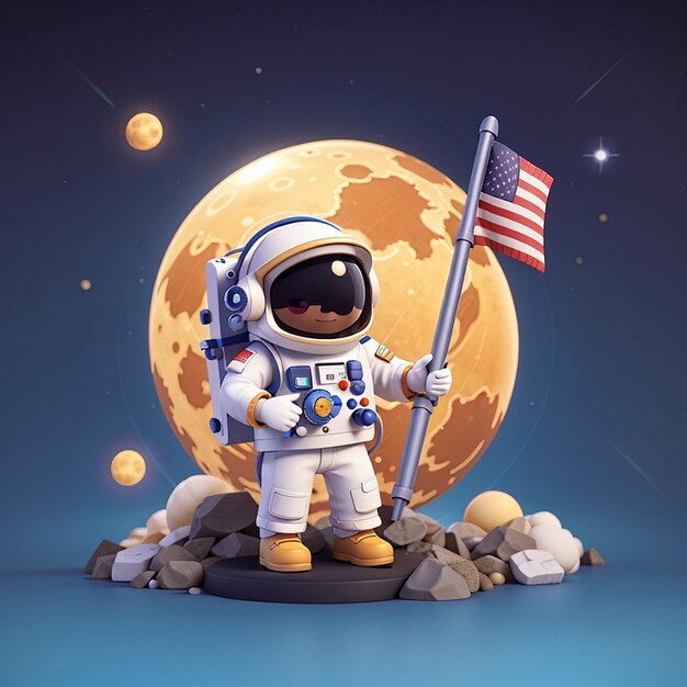 Astronauta lindo sosteniendo la bandera del planeta en la luna icono vectorial de dibujos animados ilustración icono de tecnología científica