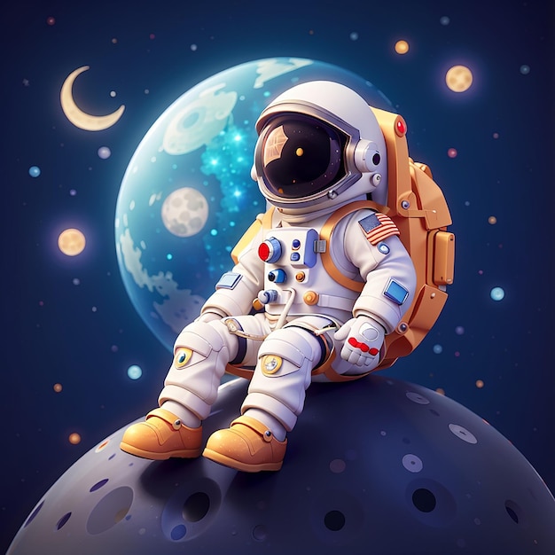 Astronauta lindo sosteniendo la estrella y sentado en la luna Ícono vectorial de dibujos animados Ilustración Ciencia Tecnología Icono Concepto aislado Estilo plano de dibujo animado vectorial premium