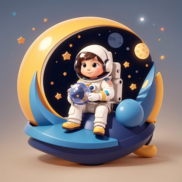 Astronauta lindo sosteniendo una estrella y sentado en la luna dibujos animados icono vectorial ilustración ciencia tecnología