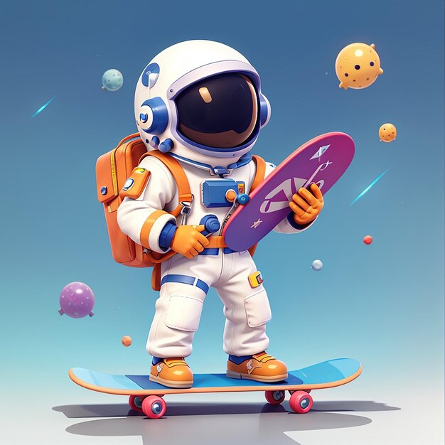 Foto astronauta lindo sosteniendo una patineta ícono vectorial de dibujos animados ilustración ciencia ícono deportivo concepto aislado estilo plano de dibuyos animados vectorial premium