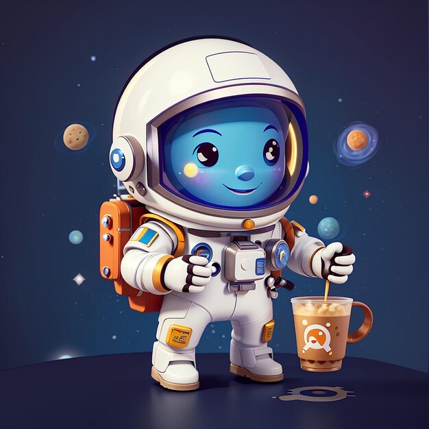 Astronauta lindo sosteniendo una taza de café Icono vectorial de dibujos animados Ilustración Ciencia Comida y bebida Icono concepto aislado Estilo de dibuyos animados plano vectorial premium