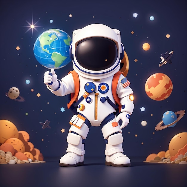 Astronauta lindo superhéroe con planeta dibujos animados icono vectorial ilustración ciencia vacaciones aisladas