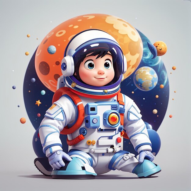 Astronauta lindo trae el planeta y la luna icono de dibujos animados vectorial ilustración ciencia tecnología icono concepto aislado estilo de dibujo animado plano vectorial premium