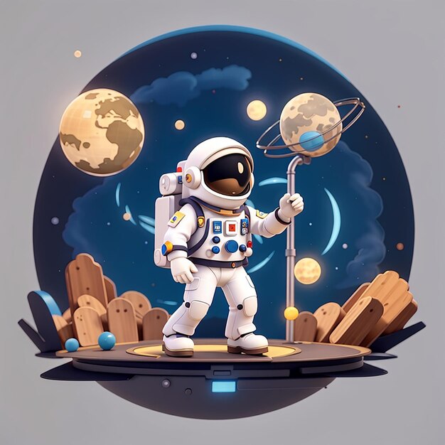 Astronauta lindo traer el planeta y la luna con el carrito de dibujos animados icono vectorial ilustración ciencia techno