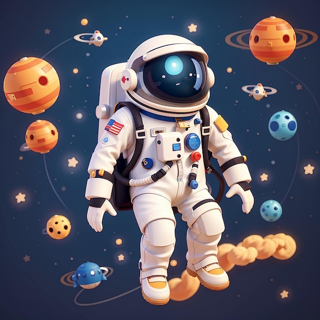 Astronauta lindo volando con un cohete jetpack icono vectorial de dibujos animados ilustración de ciencia tecnología plana