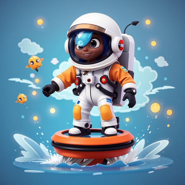 Foto astronauta lindo volando con flyboard en el agua icono vectorial de dibujos animados ilustración tecnología científica