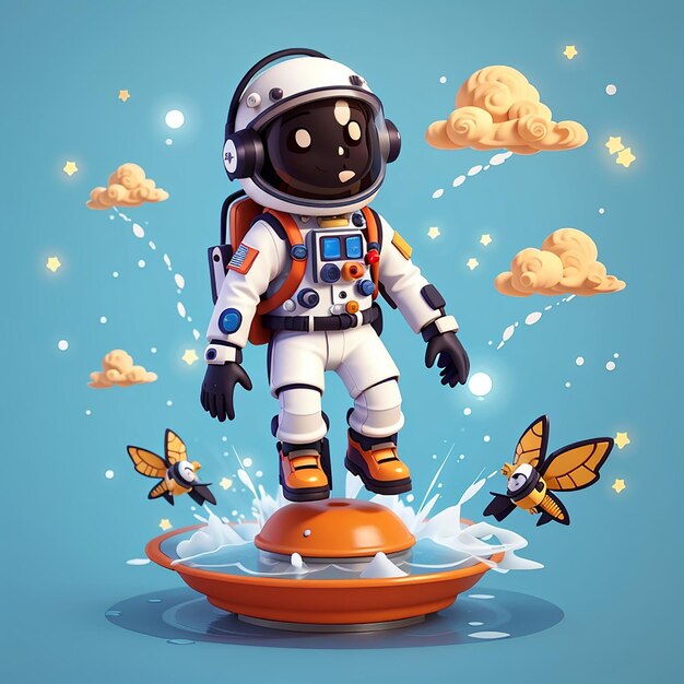 Foto astronauta lindo volando con flyboard en el agua icono vectorial de dibujos animados ilustración tecnología científica