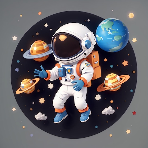 Astronauta lindo volando con un planeta en el espacio icono vectorial de dibujos animados ilustración icono de tecnología científica