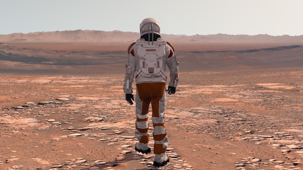 astronauta, llevando, traje espacial, ambulante, en, el, superficie, de, marte, exploración, misión, a, mars