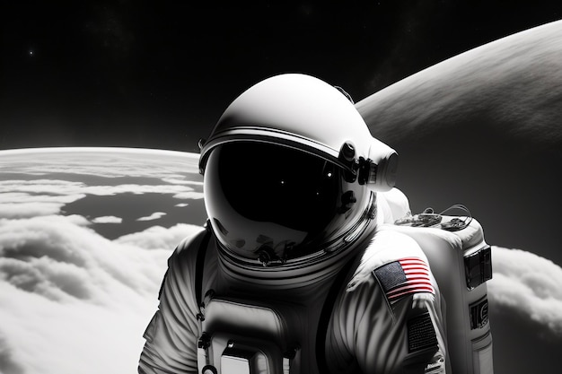 Un astronauta en la luna con la bandera americana en su casco.