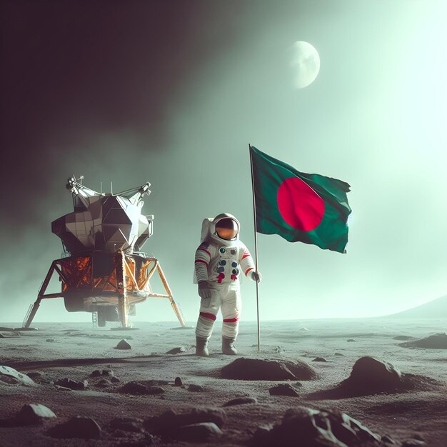 Astronauta en la Luna con una bandera de Bangladesh