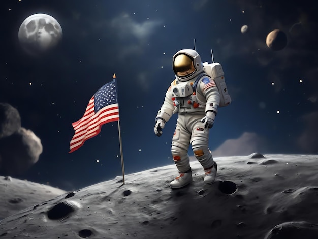 un astronauta en la luna con la bandera en el fondo