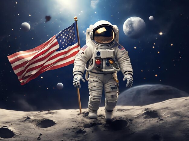 Foto un astronauta en la luna con la bandera en el fondo