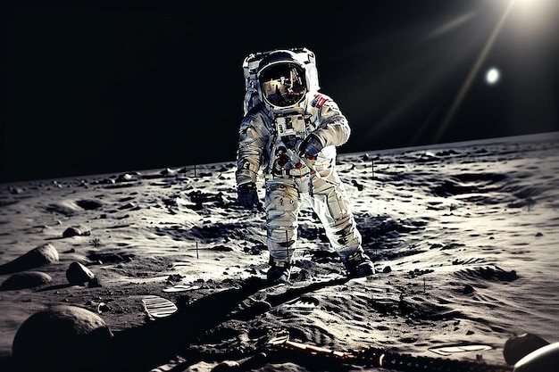 un astronauta en la luna con la luna detrás de él