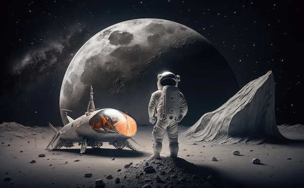 Un astronauta se para en la luna y mira una nave espacial.