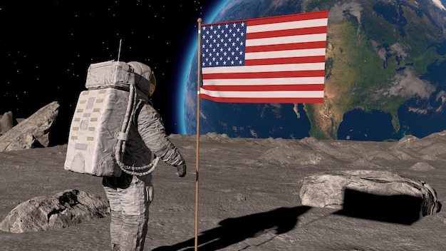 Foto un astronauta lunar camina sobre la luna con una bandera estadounidense la clava en la superficie lunar y saluda