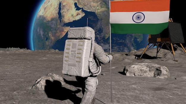 Foto astronauta lunar caminha na lua com bandeira indiana uma nave espacial semelhante à chandrayan 3 é visível