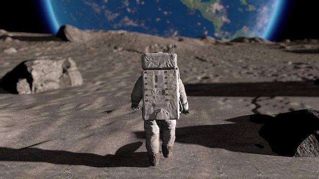 Foto astronauta lunar em traje espacial caminhando na lua o planeta terra é visível renderização 3d