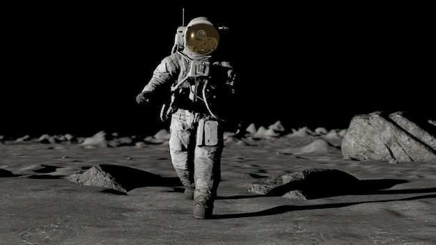 Astronauta lunar em traje espacial caminhando na lua o planeta terra é visível renderização 3d