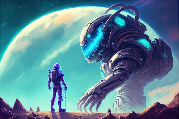 Astronauta lutando com o gigante O astronauta olhando para o gigante futurista Pintura de ilustração de estilo de arte digital