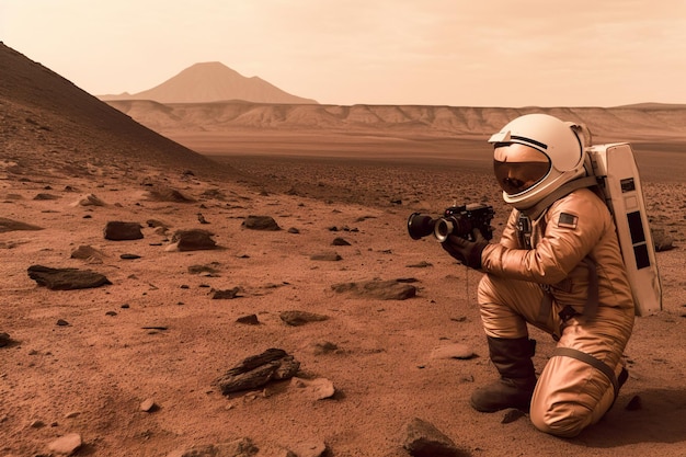 Astronauta en Marte con un arma en la mano