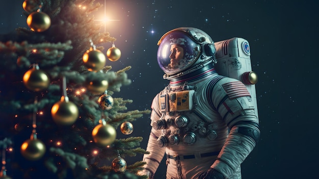 Astronauta masculino caucasiano fica ao lado da arte gerada pela rede neural da árvore de natal decorada