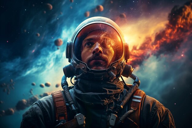 Astronauta masculino em um traje espacial contra um fundo cósmico
