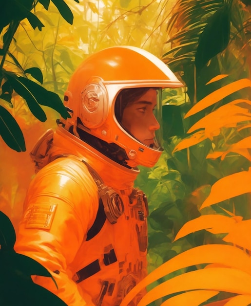 Astronauta masculino em uma selva