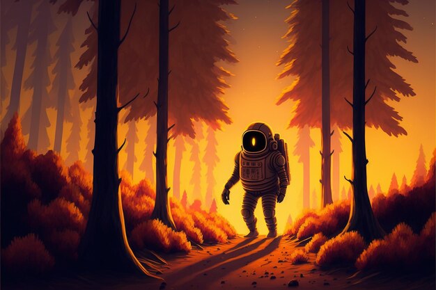 El astronauta en medio del bosque de otoño y mirando la extraña luz en su mano ilustración de estilo de arte digital pintura concepto de fantasía de un astronauta si el bosque