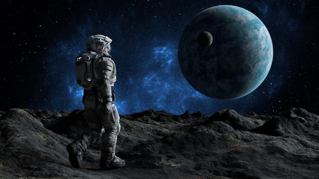 Astronauta mira a un planeta lejano y su luna contra el telón de fondo de una galaxia estrellada Cosmonauta camina 3d render
