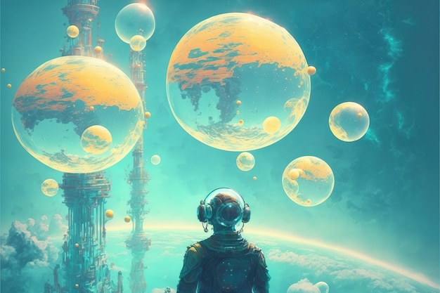 Astronauta mirando las enormes esferas que flotan en el aire estilo de arte digital ilustración pintura concepto de fantasía de un astronauta mirando al cielo