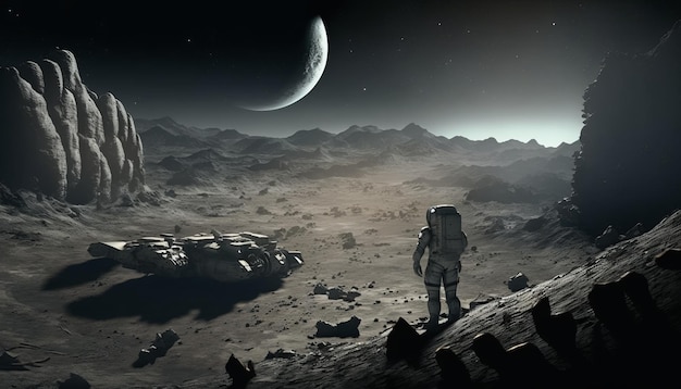 Un astronauta mirando la luna desde un pequeño satélite en una representación 3d de un valle rocoso