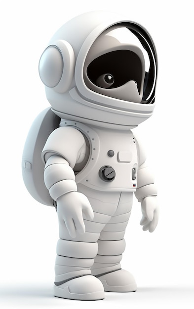Un astronauta con una mochila en la espalda se para frente a un fondo blanco.