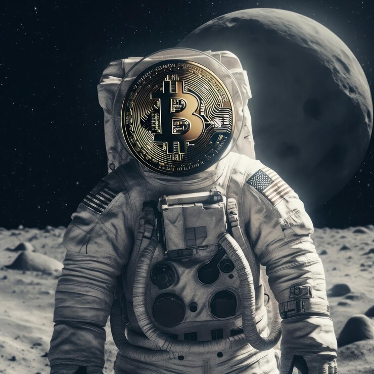 Un astronauta con una moneda en la cabeza en la luna