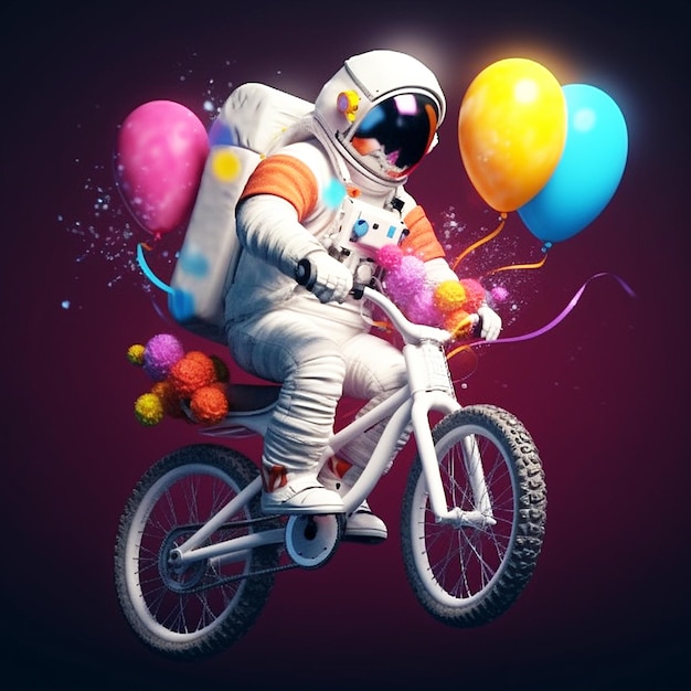 Astronauta montando bicicleta trae globos de colores en el espacio ilustración realista