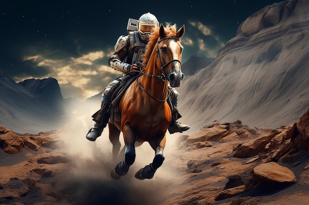 Foto astronauta montando un caballo en el desierto 3d renderizando a un hombre montando a caballo en un desierto con humo con estrellas en el fondo ia generativa