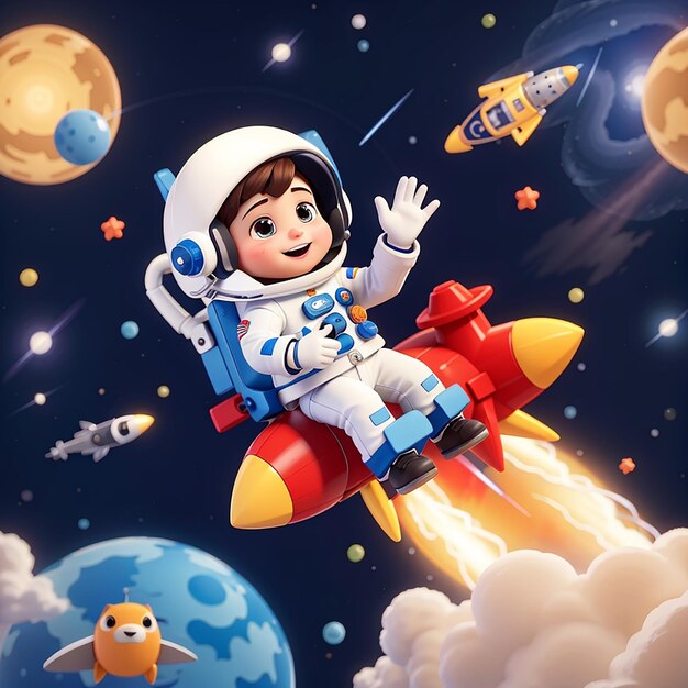 astronauta montando un cohete en el espacio con la mano agitando icono vectorial de dibujos animados ilustración ciencia tecnología