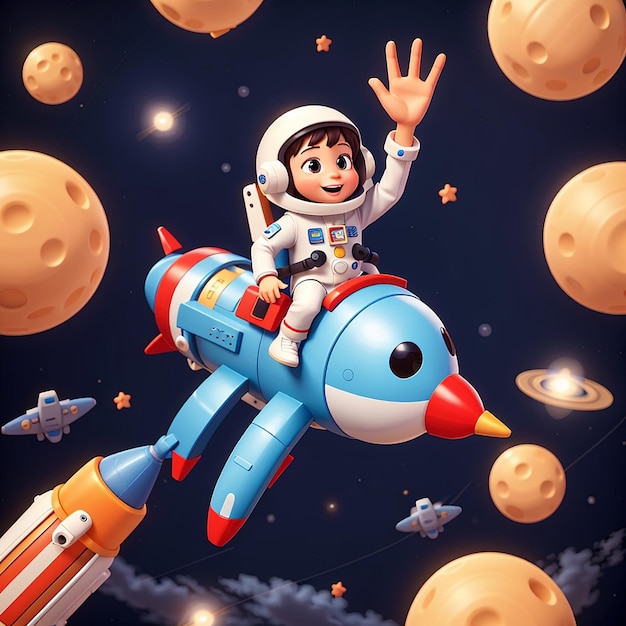 astronauta montando un cohete en el espacio con la mano agitando icono vectorial de dibujos animados ilustración ciencia tecnología