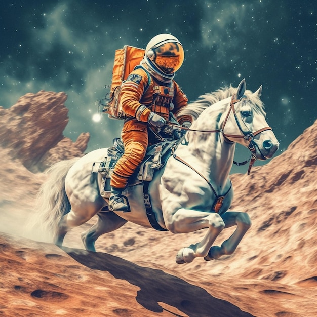 Astronauta montando um cavalo no deserto com uma mochila nas costas