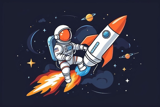 Astronauta montando um foguete Ilustração de ícone vetorial de desenho animado