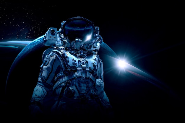 Astronauta na caminhada espacial. Mídia mista