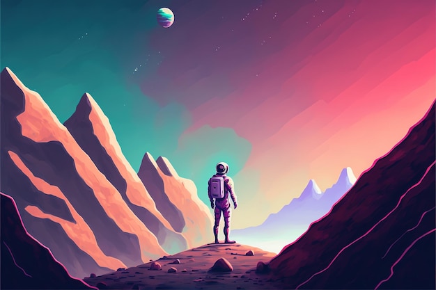 Astronauta na colina Um astronauta parado em uma colina cercado por rochas flutuantes Pintura de ilustração de estilo de arte digital