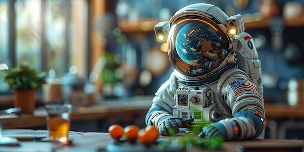 Foto astronauta na sala de aula aprendendo sobre exploração de planetas e colonização classe de arte de sci-fi