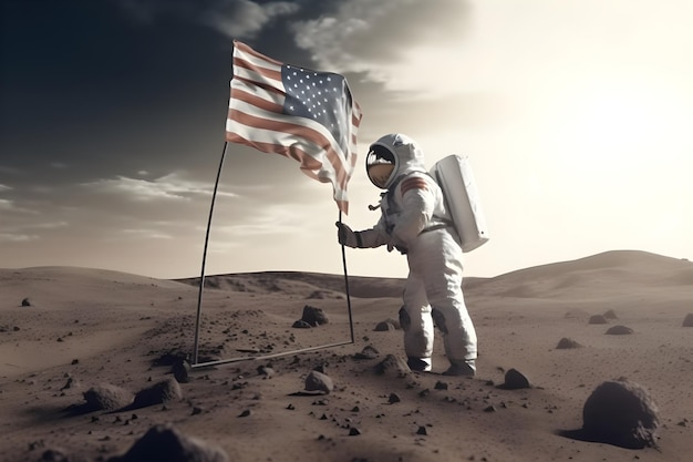 Astronauta na superfície da lua com uma bandeira