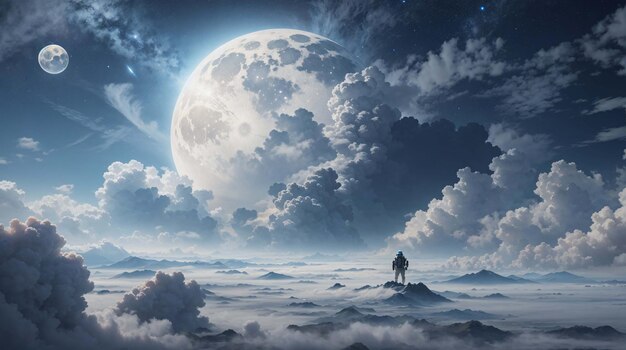 Astronauta na superfície do planeta alienígena com fundo de paisagem de atmosfera de nuvens