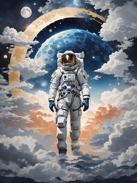 Astronauta na superfície do planeta alienígena com fundo de paisagem de atmosfera de nuvens