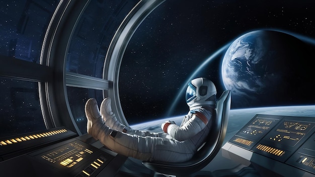 Astronauta en una nave espacial futurista observando el espacio a través de una gran ventana elementos de esta imagen furn