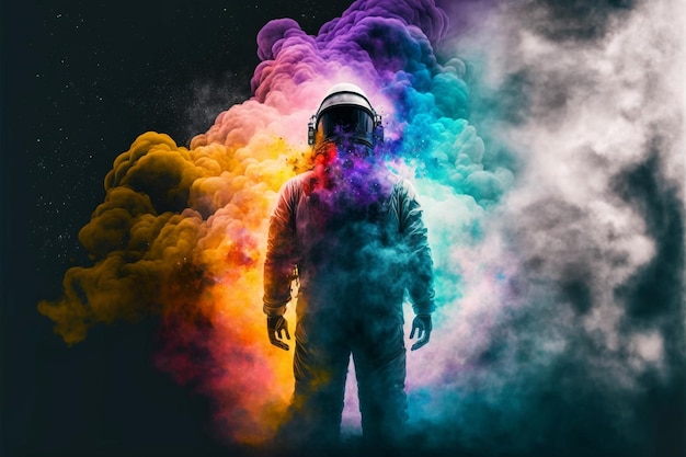 Astronauta de neón en casco espacial en medio de una ilustración de humo multicolor