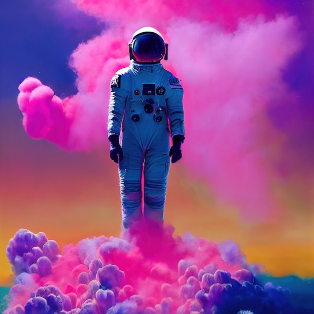 Astronauta de neón en casco espacial en medio de una ilustración de humo multicolor