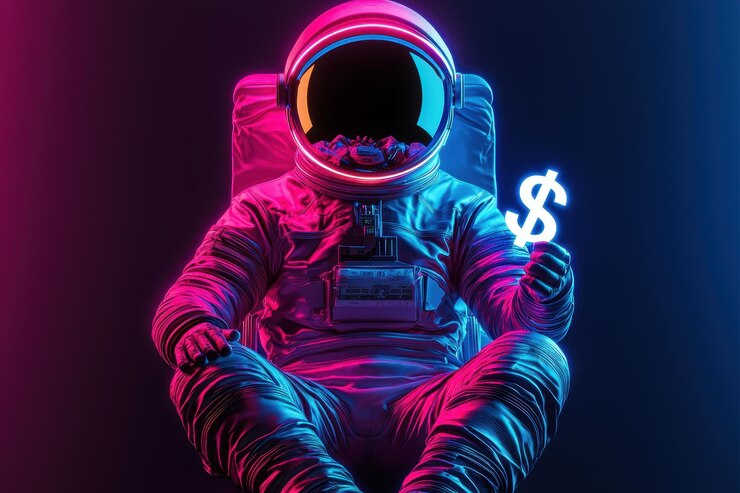 Astronauta de neón con un letrero de un dólar en colores vívidos